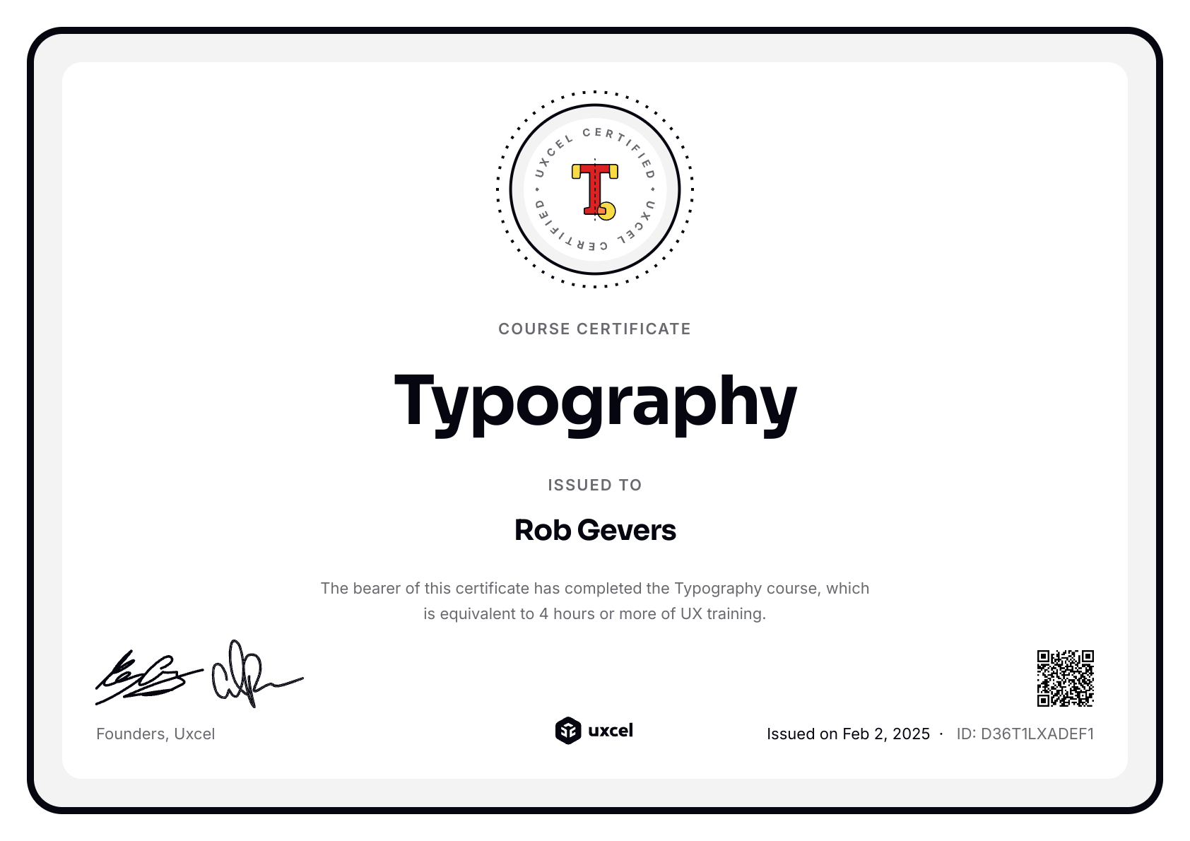 Rob Gevers's certificate